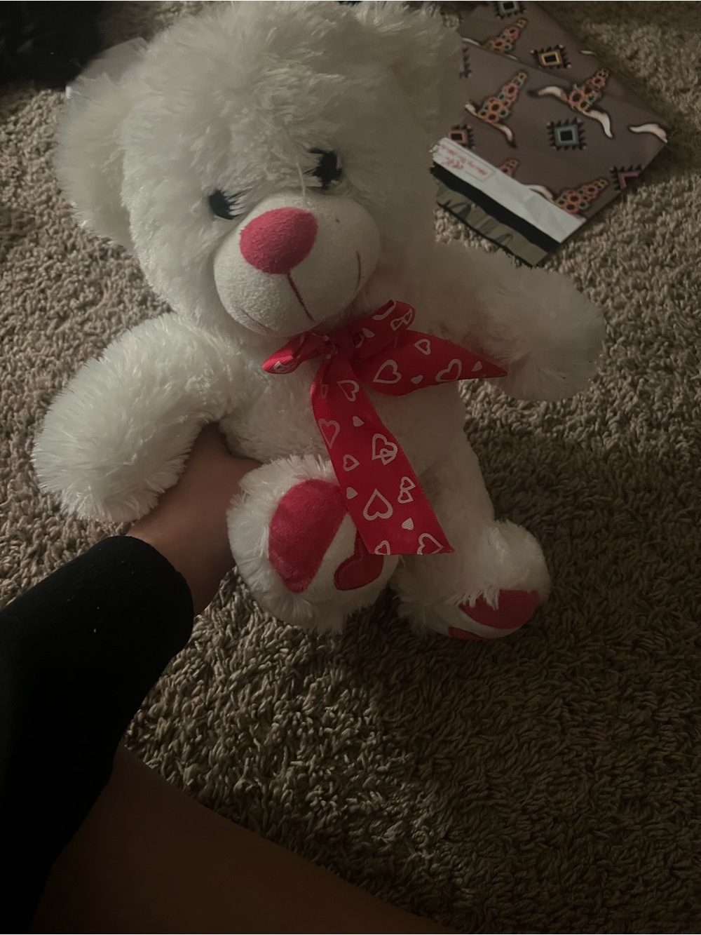 White Plush Teddy Bear with Pink Heart Accents - Picture 2 of 2